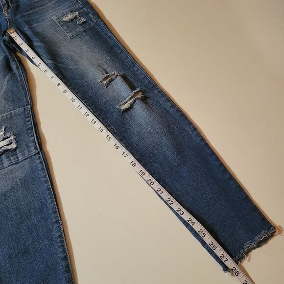 Sneak Peek Mid-Rise Distressed Patch Skinny Blue Jeans - Picture 7 of 13